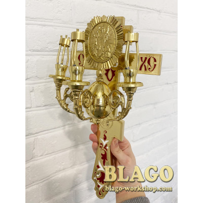 Easter candlestick brass with cast iron and red enamel, 17.5x35 cm