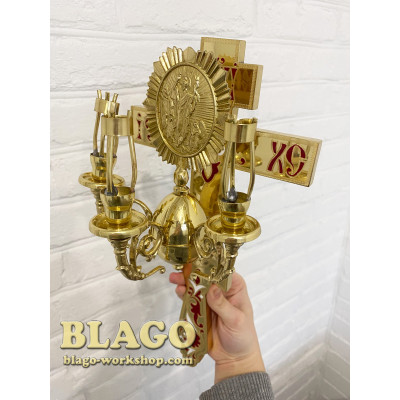 Easter candlestick brass with cast iron and red enamel, 17.5x35 cm