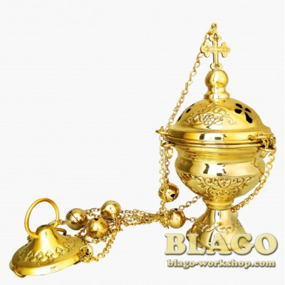 Кадило среднее латунное не лакированное с чеканкой, 10х20|65 см