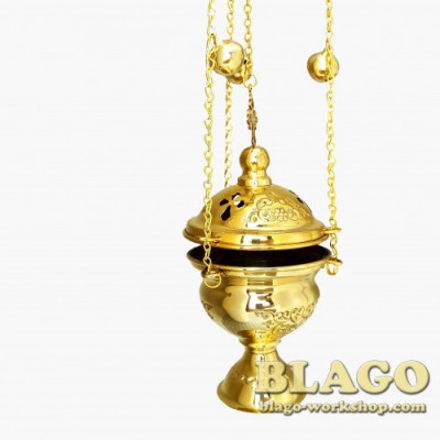 Кадило среднее латунное не лакированное с чеканкой, 10х20|65 см