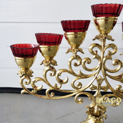 Seven-branch floor candelabrum, altar brass small, on one leg, 52х42 cm