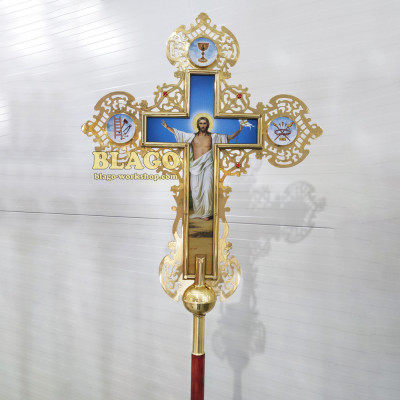 Хрест запрестольний латунний з камінням двосторонній №5, 69х89 см