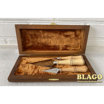 Liturgical spear set with wooden handles in a wooden case