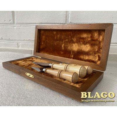 Liturgical spear set with wooden handles in a wooden case