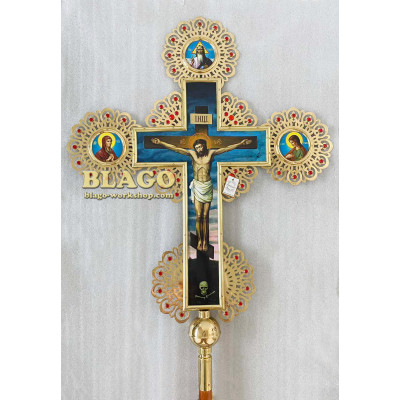 Крест запрестольный латунный с камнями двухсторонний, 79х114 см №9