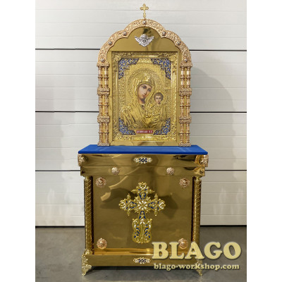 Icon stands with the icon of the Mother of God with cast inserts, 95x35x210 cm