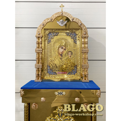 Icon stands with the icon of the Mother of God with cast inserts, 95x35x210 cm
