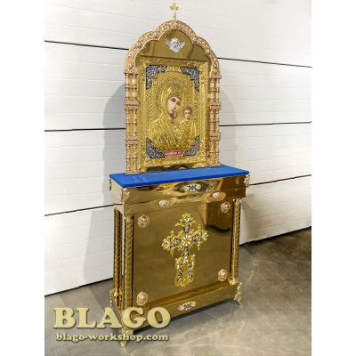 Icon stands with the icon of the Mother of God with cast inserts, 95x35x210 cm