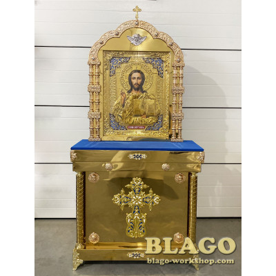 Icon stands with the icon of the Savior with cast inserts, 95x35x210 cm