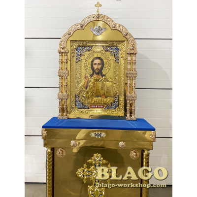 Icon stands with the icon of the Savior with cast inserts, 95x35x210 cm