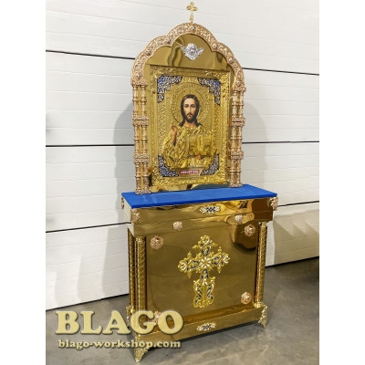 Icon stands with the icon of the Savior with cast inserts, 95x35x210 cm