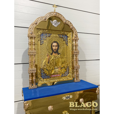 Icon stands with the icon of the Savior with cast inserts, 95x35x210 cm