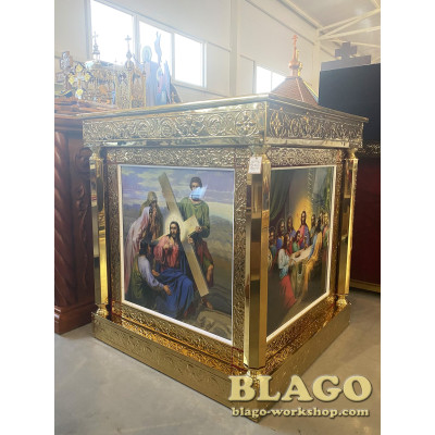 Altar metal with chasing and printed icons on canvas, 100x100x107 cm