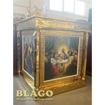 Altar metal with chasing and printed icons on canvas, 100x100x107 cm