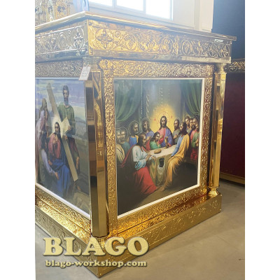 Altar metal with chasing and printed icons on canvas, 100x100x107 cm