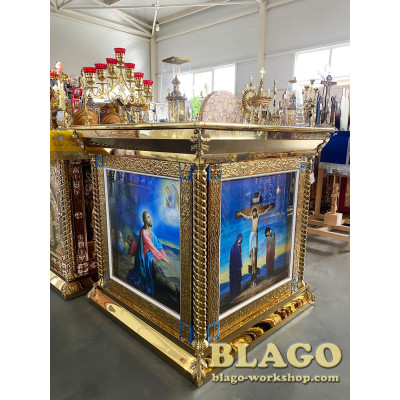 Altar metal with chasing and printed icons on canvas, 100x100х107 cm
