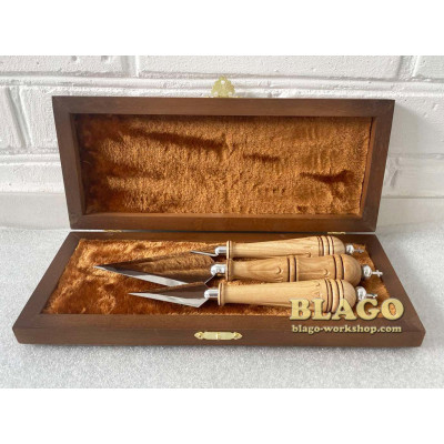 Liturgical spear set with wooden, carved handles and metal crosses in a wooden case