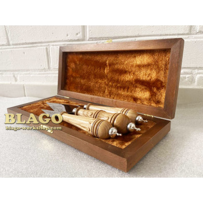 Liturgical spear set with wooden, carved handles and metal crosses in a wooden case