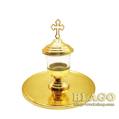 Флакон для елея латунный со стеклянной чашей (елейница), 16х16 см