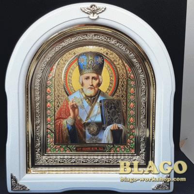 Ікона Святий Миколай Чудотворець у білій фігурній рамі, 26х29см