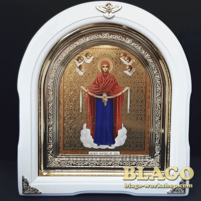 Ікона Пресвятої Богородиці Покрова арка у білій фігурній рамі, 26х29см
