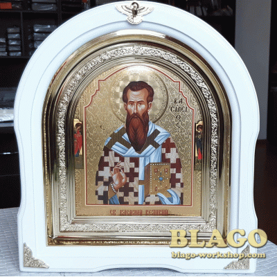 Ікона Святий Василь Великий арка у білій фігурній рамі, 26х29см