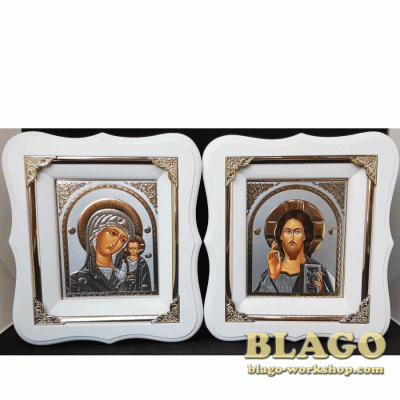 Ікони вінчальні Спаситель, Казанська у білій фігурній рамі, 17×19 см