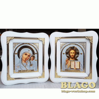 Ікони вінчальні Спаситель, Казанська у білій фігурній рамі, 17×19 см