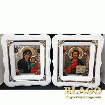 Ікони вінчальні Спаситель, Казанська у білій фігурній рамі, 17×19 см