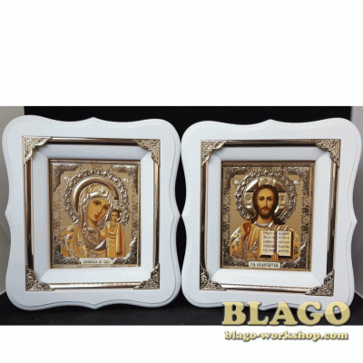 Ікони вінчальні Спаситель, Казанська у білій фігурній рамі, 17×19 см