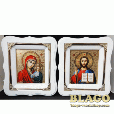 Ікони вінчальні Спаситель, Казанська у білій фігурній рамі, 17×19 см
