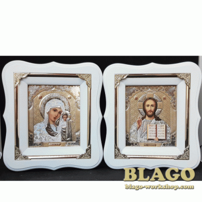 Ікони вінчальні Спаситель, Казанська у білій фігурній рамі, 17×19 см