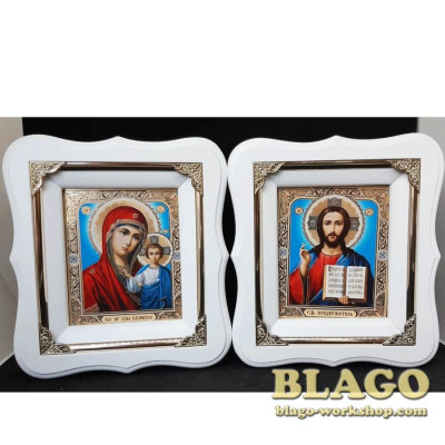 Ікони вінчальні Спаситель, Казанська у білій фігурній рамі, 17×19 см