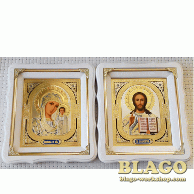 Ікони вінчальні Спаситель, Казанська у білій фігурній рамі, 21×24 см