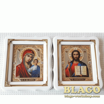 Ікони вінчальні Спаситель, Казанська у білій фігурній рамі, 21×24 см