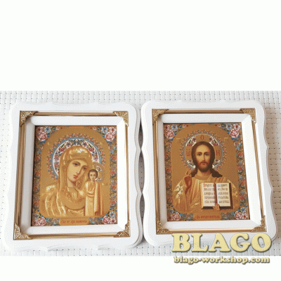 Ікони вінчальні Спаситель, Казанська у білій фігурній рамі, 21×24 см