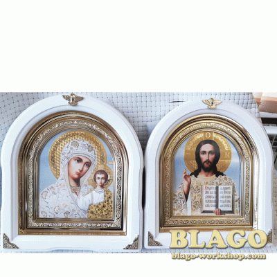 Ікони вінчальні Спаситель, Казанська арка у білій фігурній рамі, 26×29 см