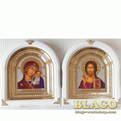 Ікони вінчальні Спаситель, Казанська арка у білій фігурній рамі, 26×29 см