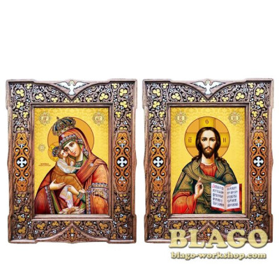 Ікони вінчальні Спаситель, Почаївська Богородиця у фігурній рамі, 22×28 см