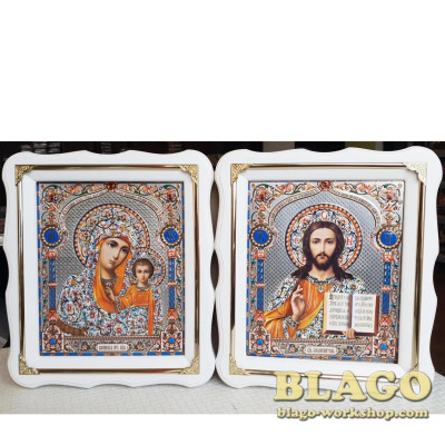 Ікони вінчальні Спаситель, Казанська у білій фігурній рамі, 26x30 см