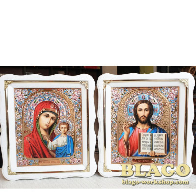 Ікони вінчальні Спаситель, Казанська у білій фігурній рамі, 26x30см