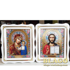 Ікони вінчальні Спаситель, Казанська у білій фігурній рамі, 26x30 см