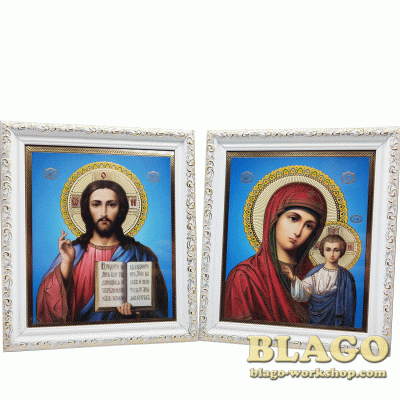 Ікони вінчальні Спаситель, Казанська у білій фігурній рамі, 18×21 см
