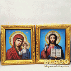 Ікони вінчальні Спаситель, Казанська у золотій фігурній рамі, 18×21 см