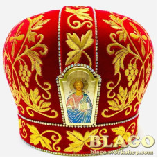 Red miter with decorative stones and icon №5
