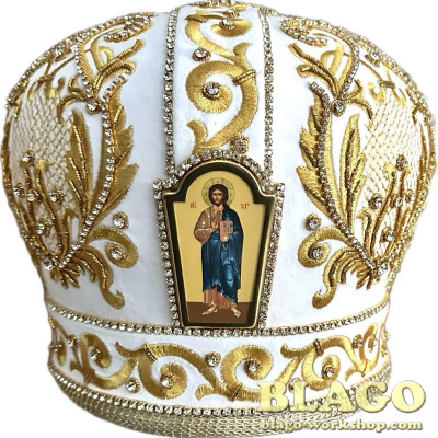  The miter is white with decorative stones and an icon №11
