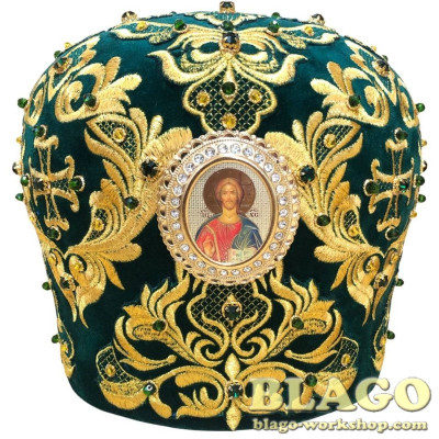 Miter is green with decorative stones and icon №13
