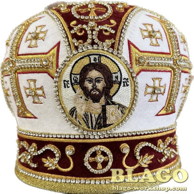  White-burgundy miter with decorative stones and icons №93